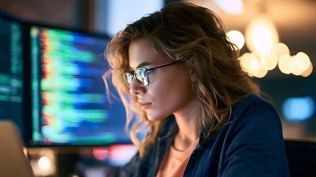 Focused female software developer working intensely on coding projects while wearing glasses in dark office room with glowing monitor screens