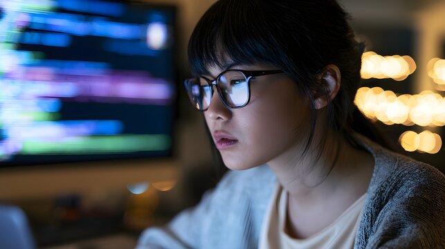 Focused young female software engineer working late at night on her computer code with glowing glasses and blurry background lights