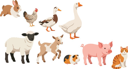 Fototapeta premium Farm animals gathered together in a colorful vector illustration with white background