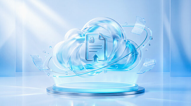 3d illustration of a secure cloud storage icon with a document and lock symbol, representing data protection, file uploading, and digital security concepts