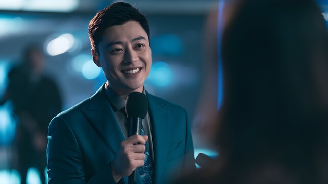 Professional news reporter holding microphone while interviewing guest during televised broadcast event captured with cinematic blue lighting in modern studio