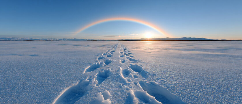 A rainbow arches over a snowy landscape with footprints leading towards it, suggesting someone's journey or quest to find the end of the rainbow