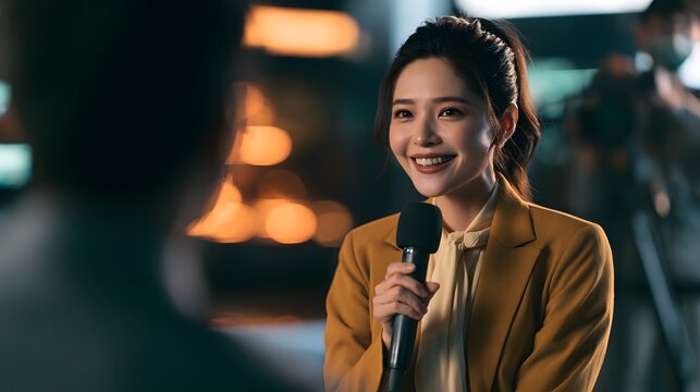 Professional Asian female reporter holding black microphone while interviewing a person during a live television broadcast in bright studio lighting