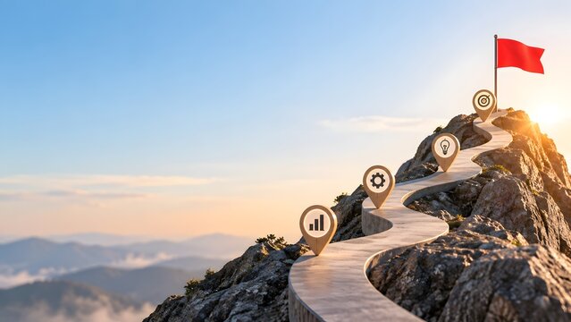 Mountain winding pathway with glowing business milestone icons leading to summit red flag representing strategic roadmap