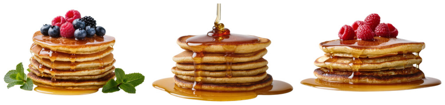Three stacks of pancakes with berries and syrup, isolated on transparent background