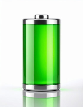 Minimalist digital battery icon showing charge in vibrant green, softly blurred white backdrop, modern technology aesthetic. Close-up.