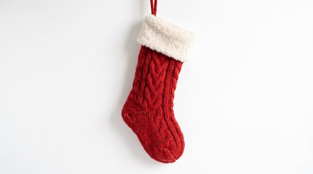 Traditional red knitted Christmas stocking hanging isolated on a clean white background