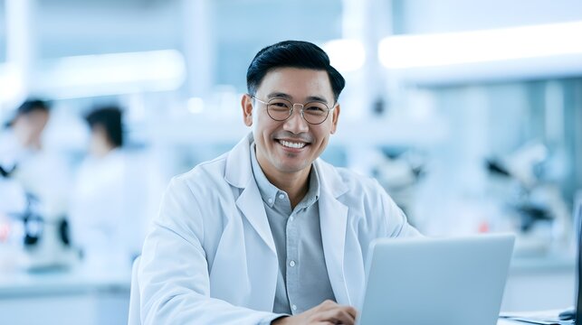 Smiling male asian scientist wearing glasses and a lab coat working on a laptop computer inside a modern clinical research laboratory