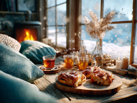 A cozy indoor scene featuring a tray of pastries, tea cups, and decorative items by the window with winter scenery outside