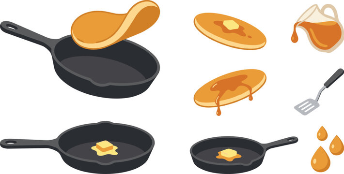 Pancake cooking vector icons set featuring cast iron frying pans flipping flapjack maple syrup pitcher and spatula.