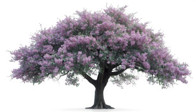 Large flowering crape myrtle tree with vibrant purple blossoms and intricate dark wood on transparent background
