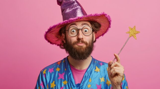 Surprised Bearded Man Wearing Wizard Costume with Magical Wand