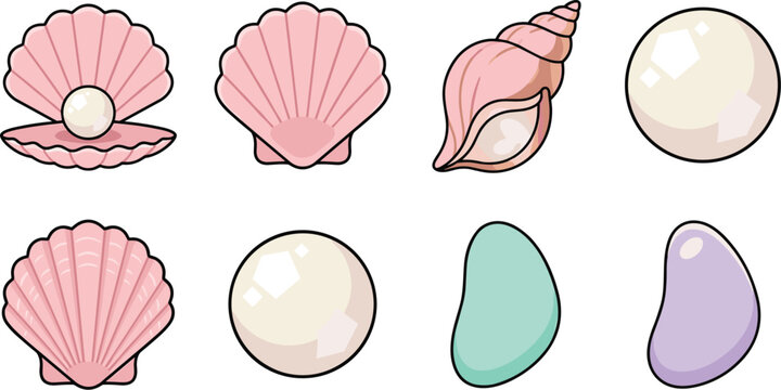 Pink seashell and pearl vector icons set featuring open clam oyster conch shell and sea pebbles on white background.