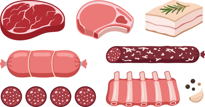 Raw meat and sausage vector icons set featuring beef steak pork chop ribs salami lard and garlic spices.