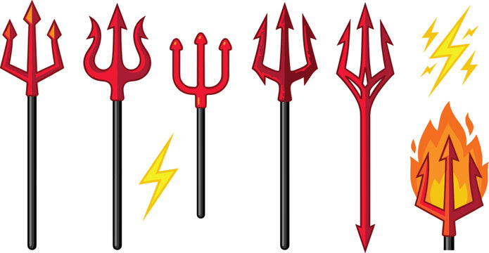 Red devil trident vector set featuring various satanic pitchfork icons flame and lightning elements isolated on white background,