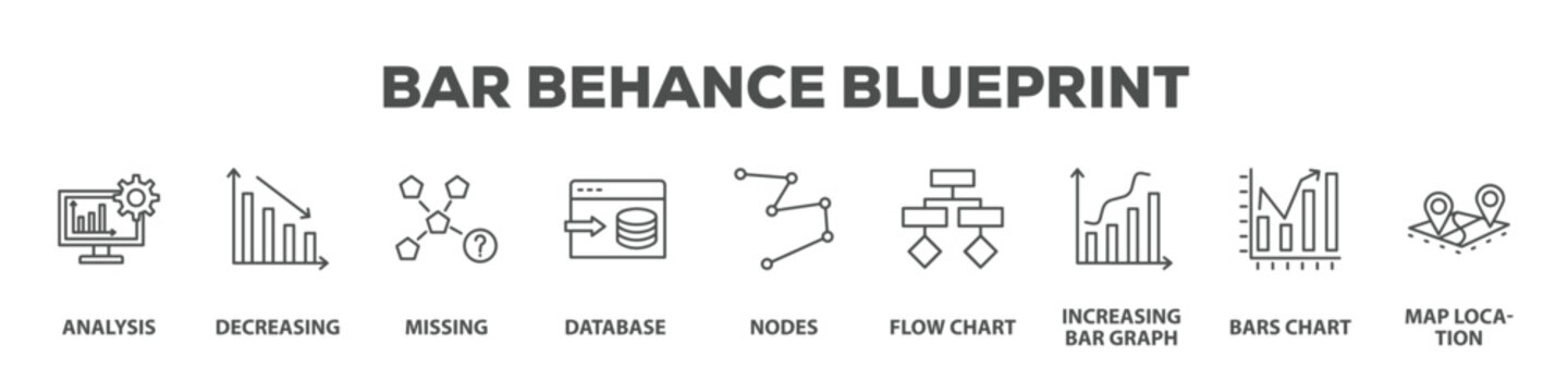 Bar Behance Blueprint with icon of Analysis, Decreasing, Missing, Database, Nodes, Flow chart, Increasing bar graph, Bars chart, Map location