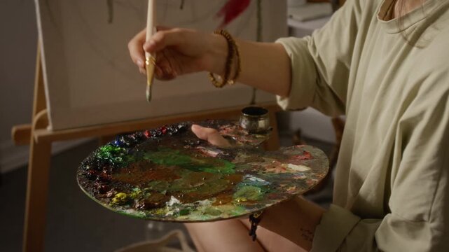 Caucasian young adult female artist holding wooden palette, dipping paintbrush into solvent while mixing colors. Footage suitable for creative workshops, art tutorials, hobby advertising