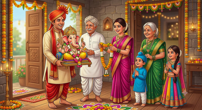 a joyous Indian family warmly welcomes Lord Ganesha into their beautifully decorated home for Ganesh Chaturthi. Dressed in traditional attire, they celebrate with garlands and devotion.
