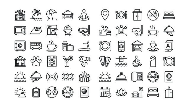 Set of diverse hotel and travel service icons outline style vector graphics