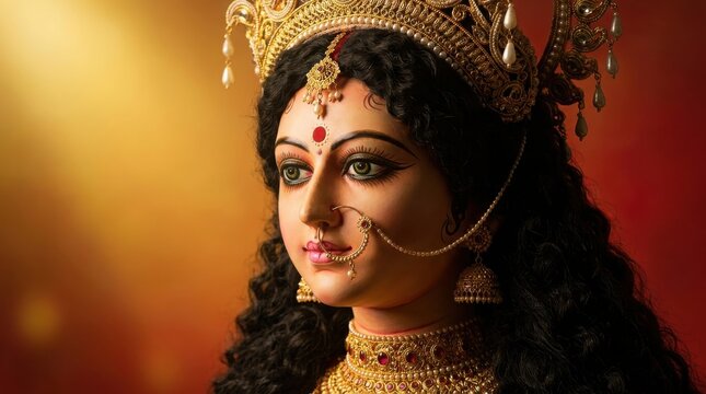 Indian woman dressed as Goddess Durga with traditional jewelry and crown