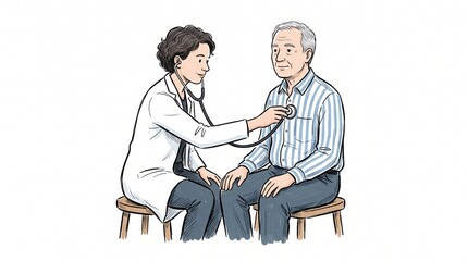 Obraz premium Young physician checking a senior man lungs and chest during a clinical medical