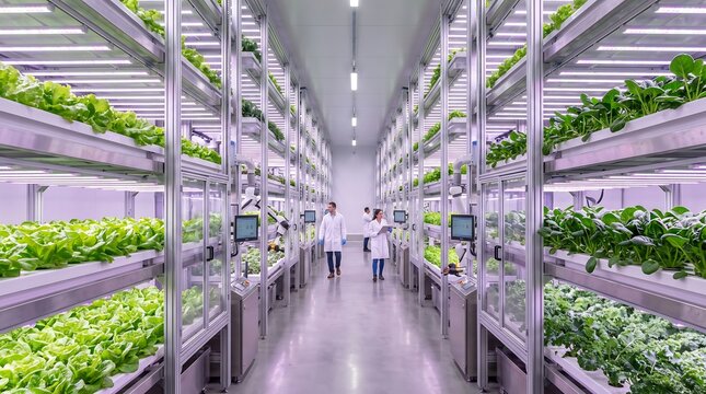 Modern vertical farm with rows of green plants under artificial lights and people working.