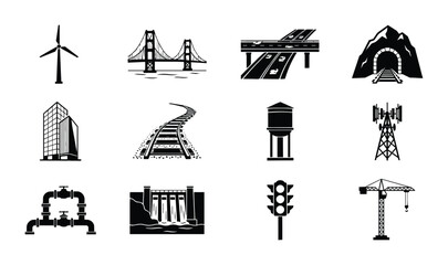 Fototapeta premium 12 Infrastructure Icons: Buildings, Transportation, Energy, Industry, Silhouette Set for Construction