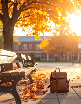 Brown Backpack and Autumn Leaves on Campus Courtyard