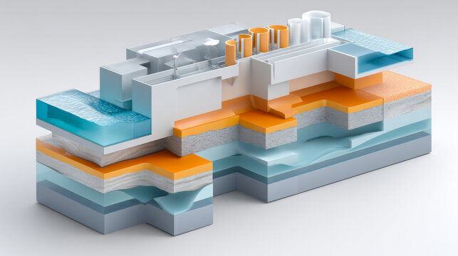 A layered diagram of a building with different materials and colors representing various layers such as concrete, insulation, water pipes etc