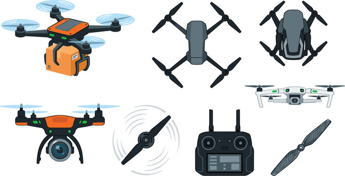 Unmanned aerial vehicle drone vector icons set featuring delivery quadcopter remote control and propellers on white background.