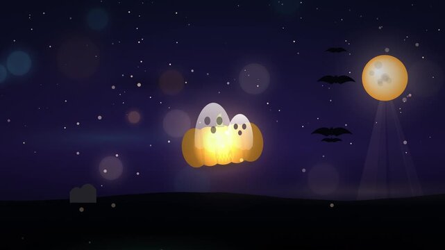 Halloween ghost animation with glowing pumpkin, spooky night background with full moon and bats, cute cartoon ghosts in dark starry sky