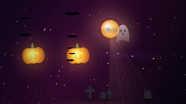 Halloween animation with glowing pumpkins and ghosts, spooky graveyard background with bats, festive holiday motion graphics