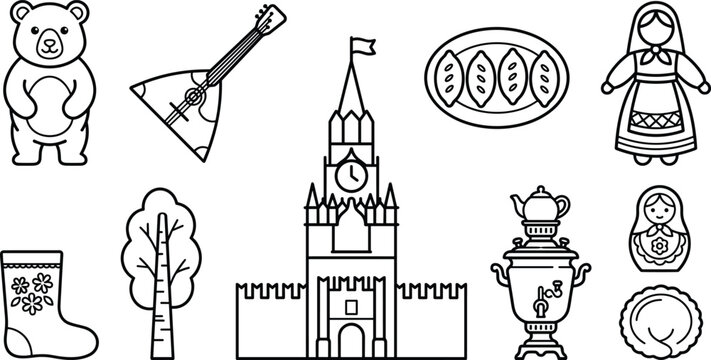Russia Culture and Travel Vector Line Icon Set with Kremlin Matryoshka Bear and Samovar Elements