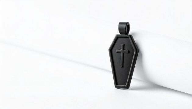 Black coffin pendant with cross symbol on white background