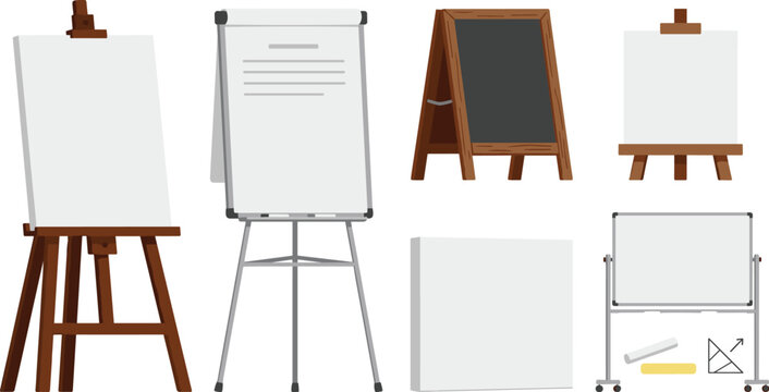 Wooden art easel vector set featuring blank white canvases, office flipcharts, presentation whiteboards, chalkboards, and display stands for creative education and business signage