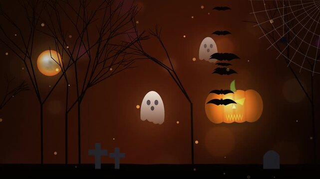 Halloween spooky animation with flying ghosts and bats. Dark graveyard background with glowing pumpkin and moon. Eerie holiday motion graphic.