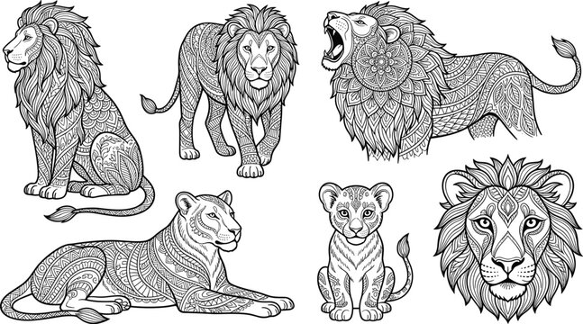 Zentangle lion family vector illustrations set featuring stylized mandala patterns on predatory african safari animals white background.
