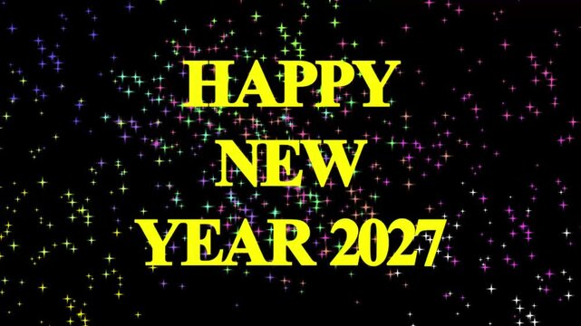 Happy new year 2027 celebration with fireworks and glowing particles .Happy new year 2027 text animation with glittering magical particles along with snowy, twirly particles and fireworks background. 