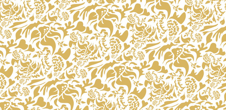 An intricate gold damask pattern with floral motifs, set against a cream background. This design evokes luxury and timeless elegance