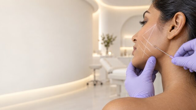 Woman receiving facial skin care treatment with cosmetic thread insertion in modern clinic room