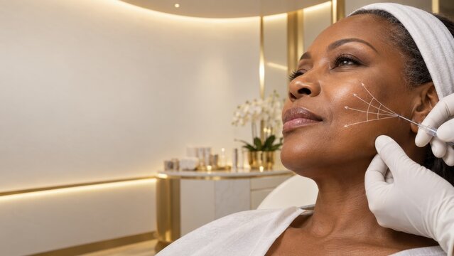 Mature woman receiving aesthetic thread lift facial rejuvenation treatment in modern clinic