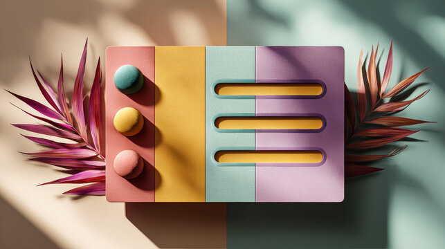 A colorful, geometrically designed board with rounded edges and a series of cutouts in different colors on the right side