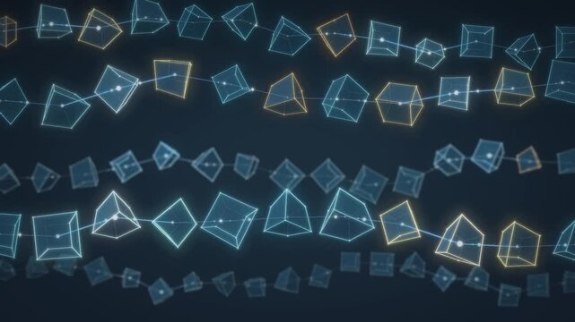 Blockchain cubes glowing wireframe blocks linked in a digital data network seamless loop in deep cyan tones