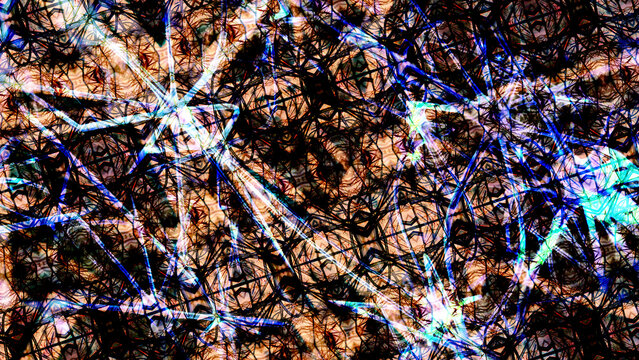 Abstract geometric kaleidoscope pattern with glowing electric blue light lines and dark ornamental mesh background
