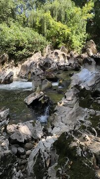 Clear mountain stream flowing through white rocks and small cascades in a green forest, with the natural sound of running water.