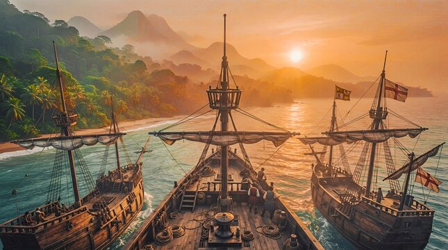 Digital illustration of three wooden sailing ships anchored near a tropical island during a warm sunset
