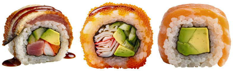 Three different types of sushi rolls with various fillings and toppings, isolated on a transparent background © Vu