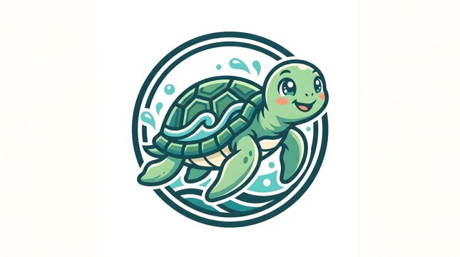 A cute and friendly cartoon sea turtle swimming happily inside a circular wave badge. This vibrant green turtle character illustration features a smiling face and playful water splashes