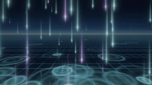 Cyber Rain Light Beams Falling onto Glowing Neon Perspective Grid Floor Abstract Digital Technology Background Seamless Loop in soft cyan tones