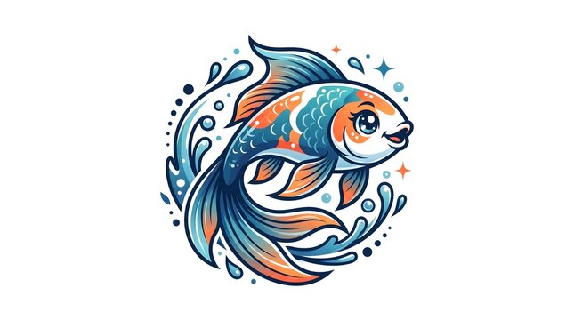 A cute and colorful cartoon illustration of a koi fish jumping out of splashing water, featuring vibrant orange and blue scales